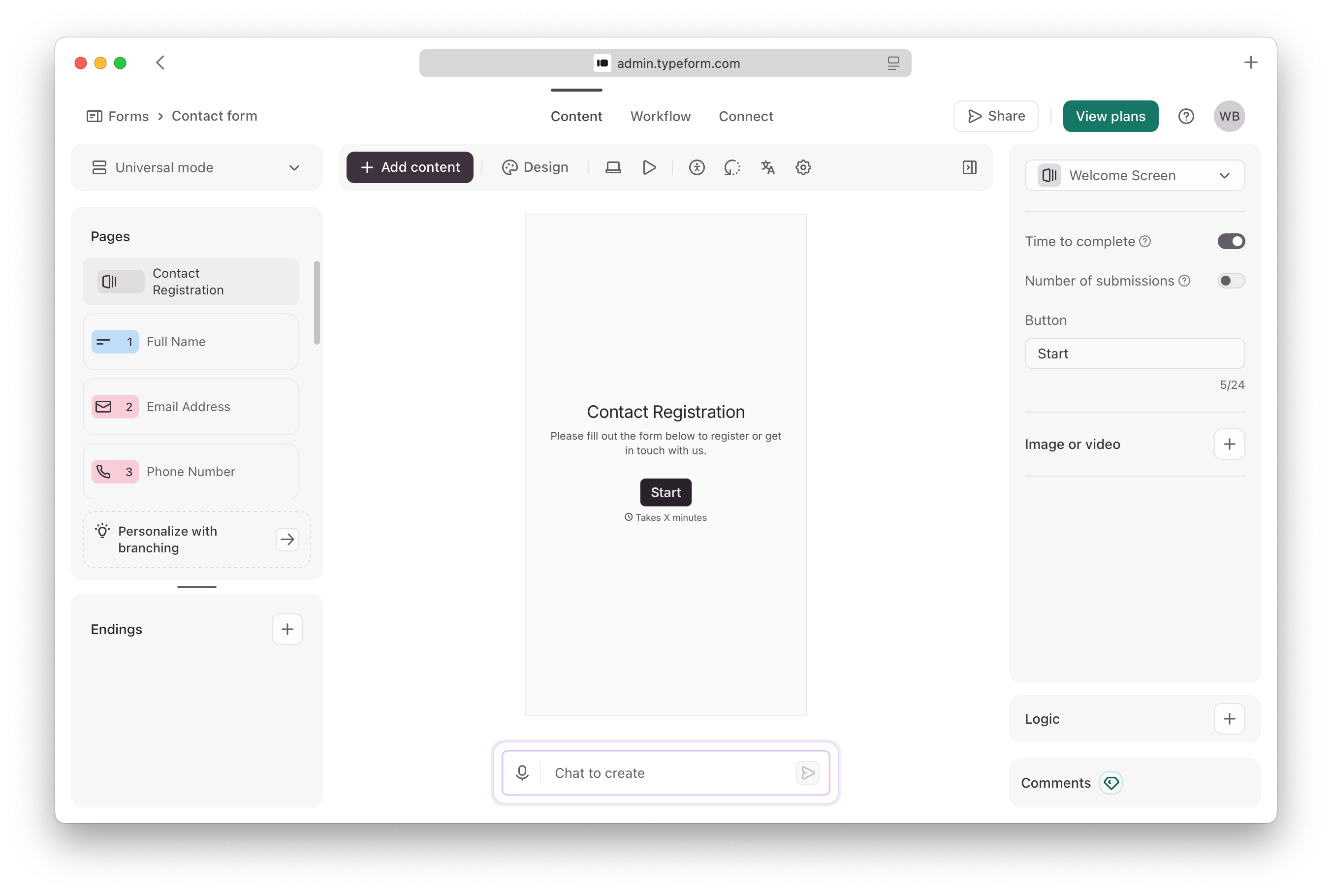 Typeform editor showing a one-question-at-a-time form