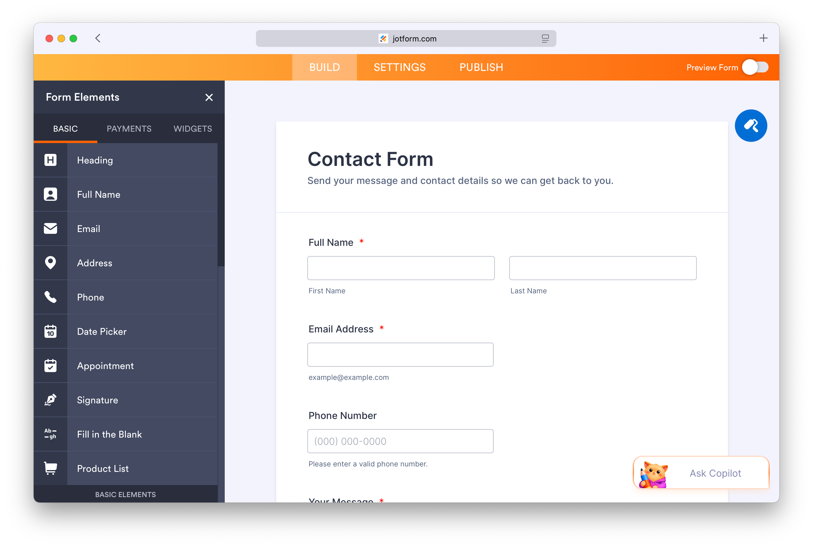 Jotform drag-and-drop form builder with a form being edited