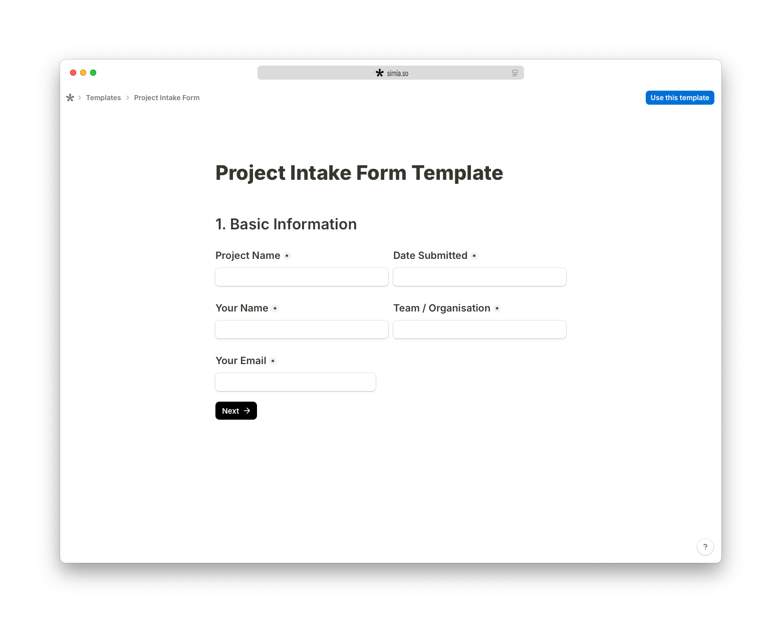 Free Project Intake Form Template