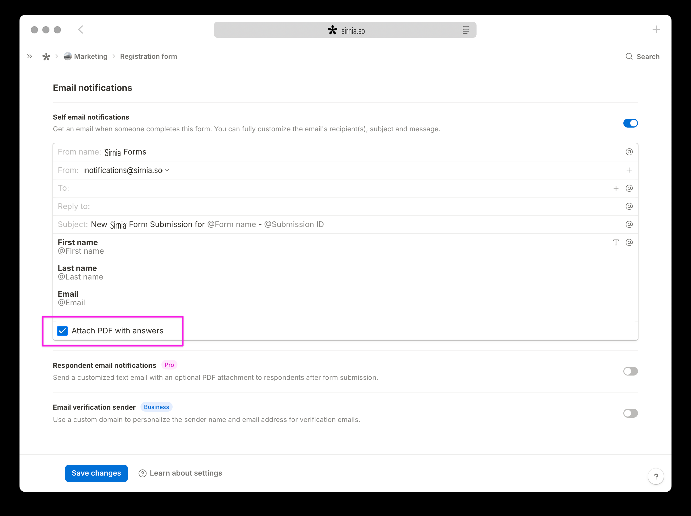 Marking the checkbox that enables a PDF attachment with answers in the Sirnia self email notification settings