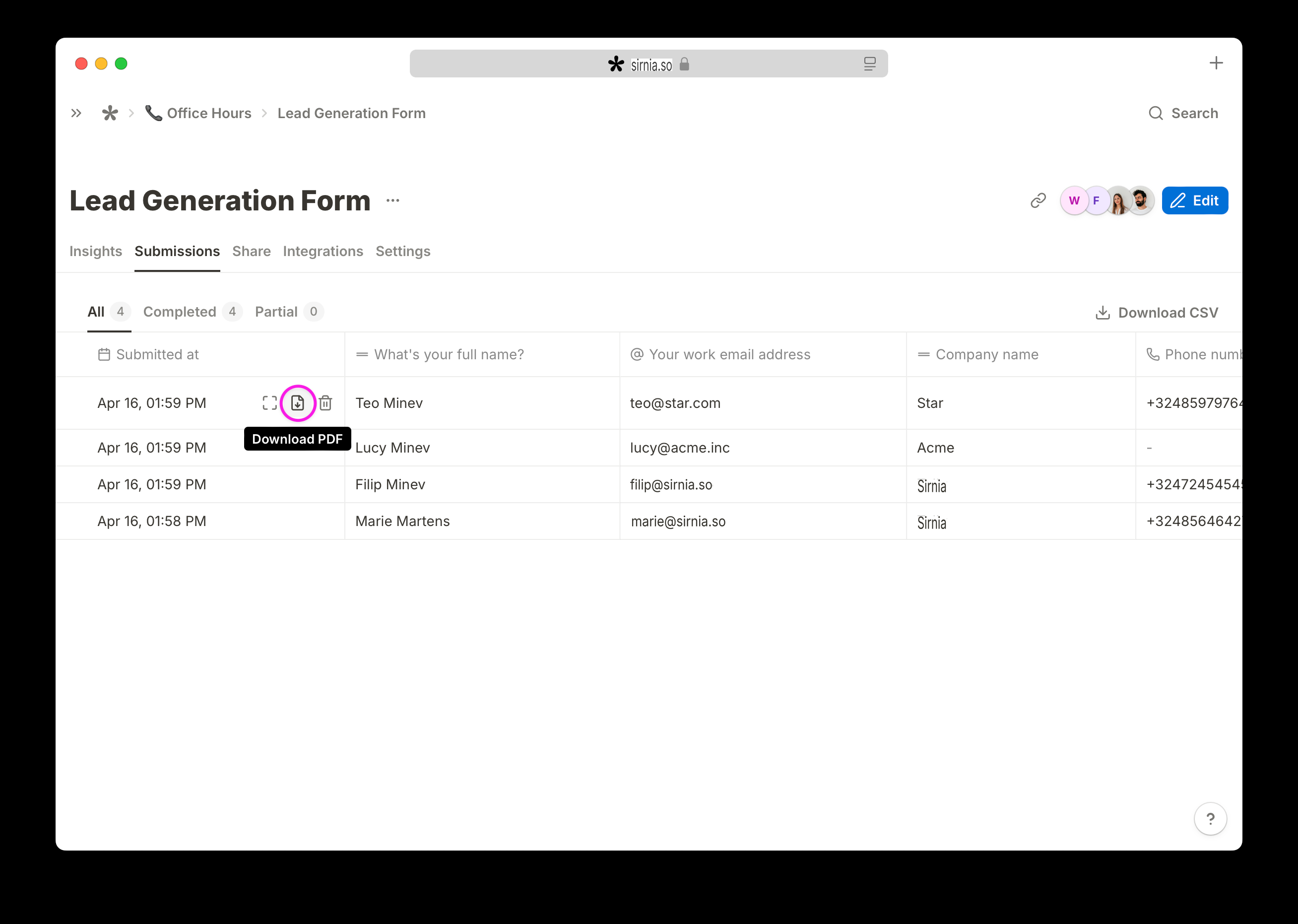 Download PDF row action in the Sirnia submissions table