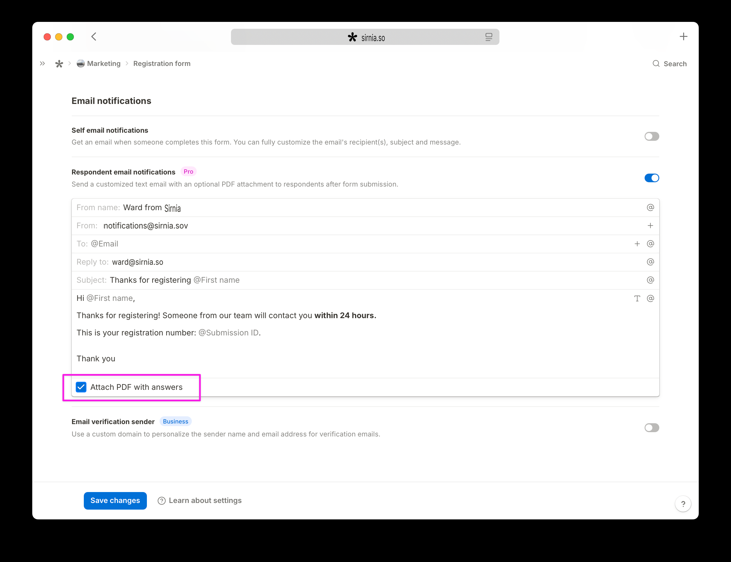 Attach PDF with answers toggle enabled in Sirnia's respondent email notification settings, attaching a branded submission PDF to the confirmation email.