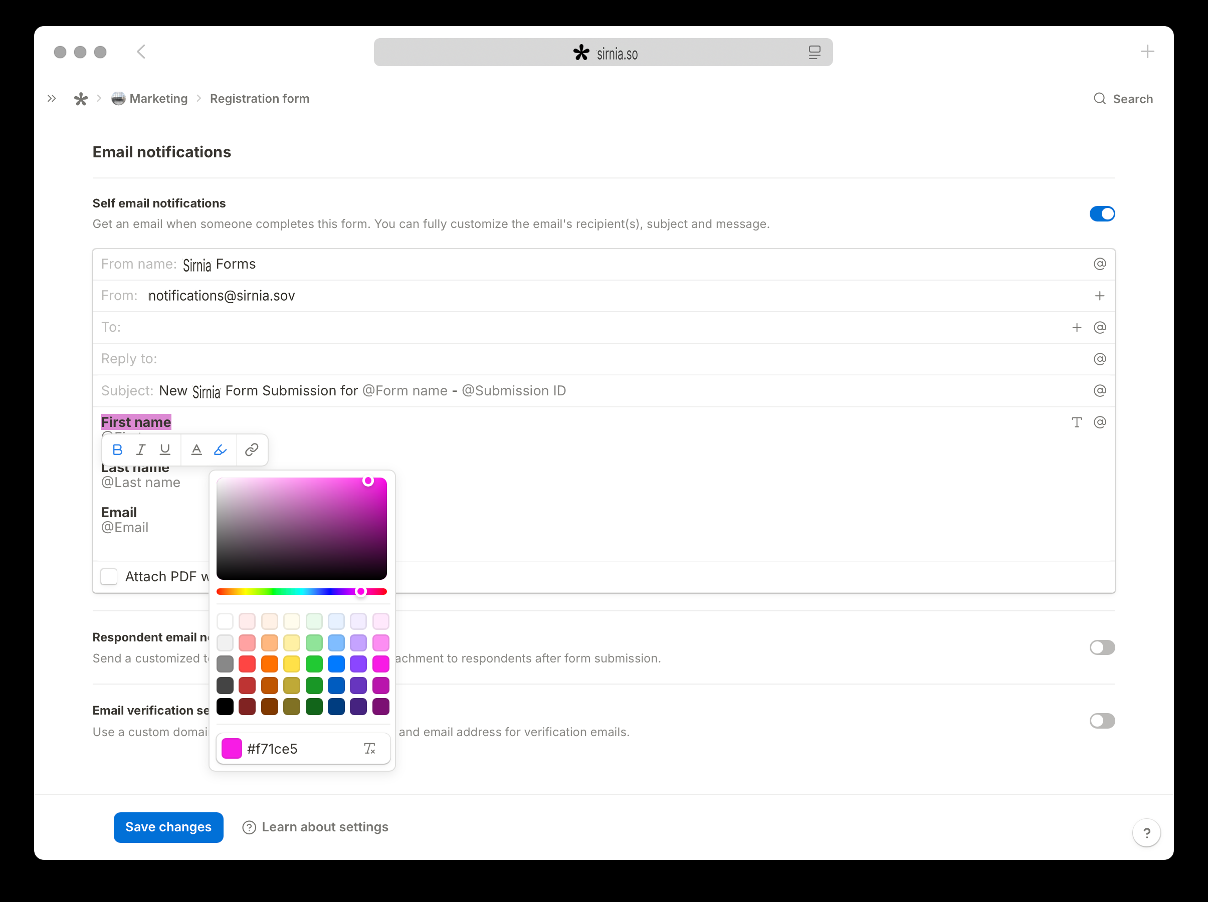 Customizing the styling of the body copy in a Sirnia email notification