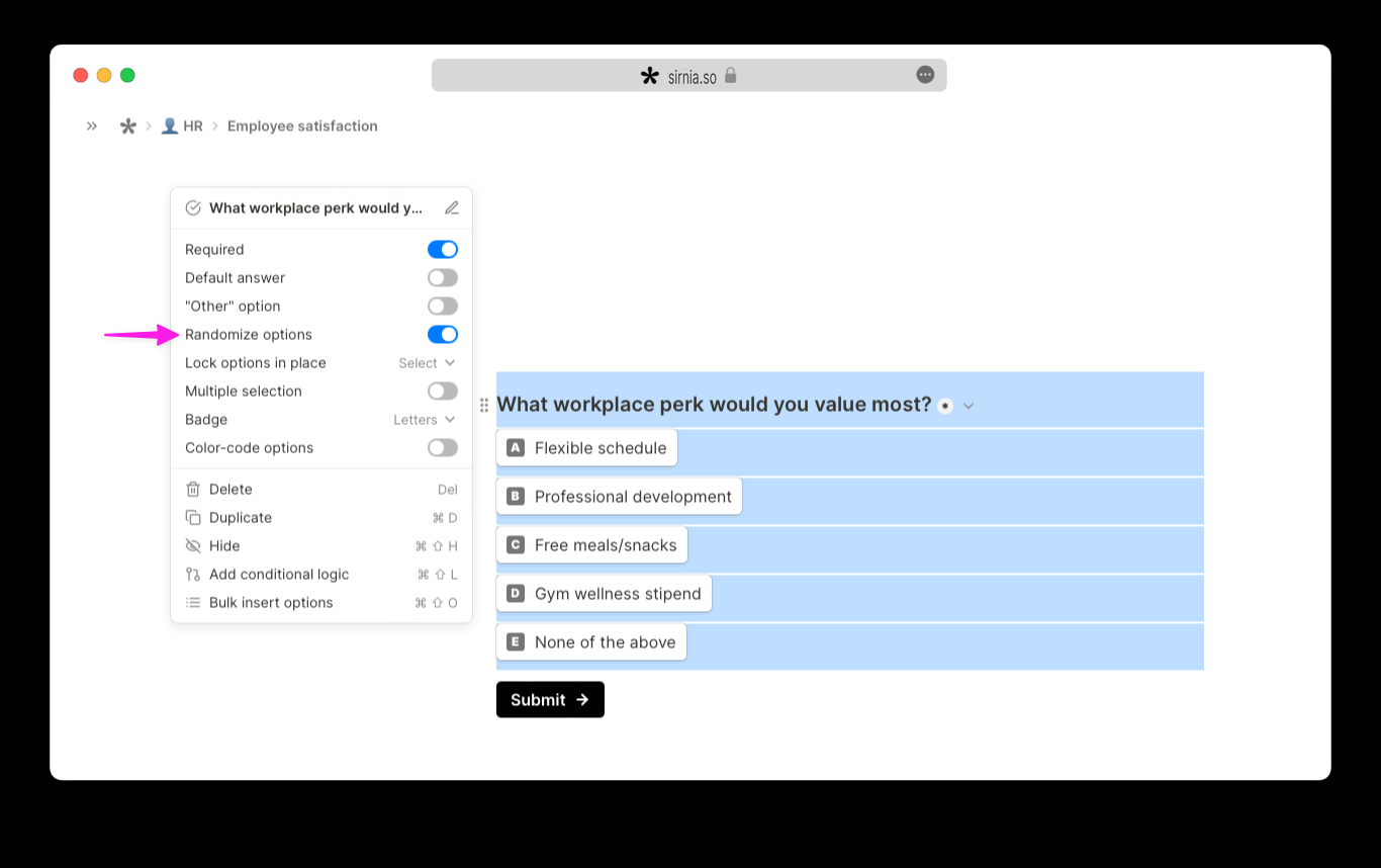 Randomize form answers in Sirnia
