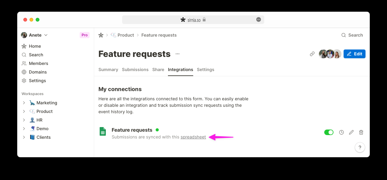 Your Sirnia form submissions are automatically visible in a Google Spreadsheet