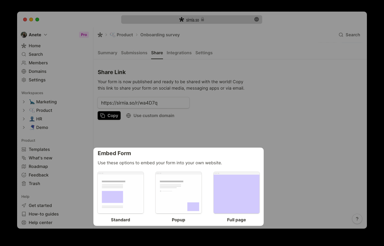 How to embed your form in Sirnia