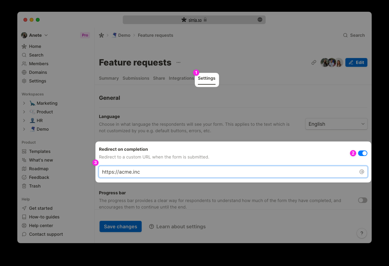Redirect on completion of a Sirnia Form