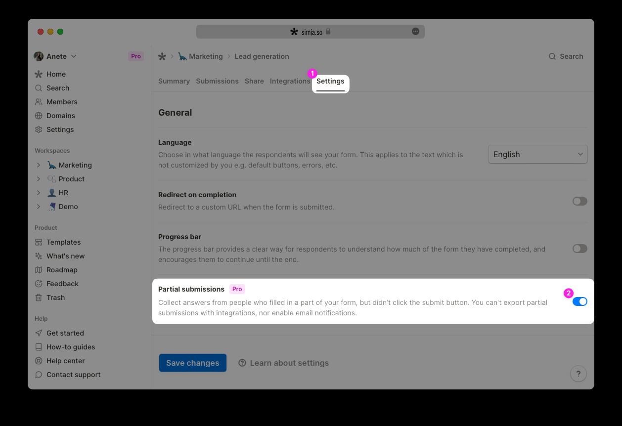 Enable partial submissions in Sirnia forms