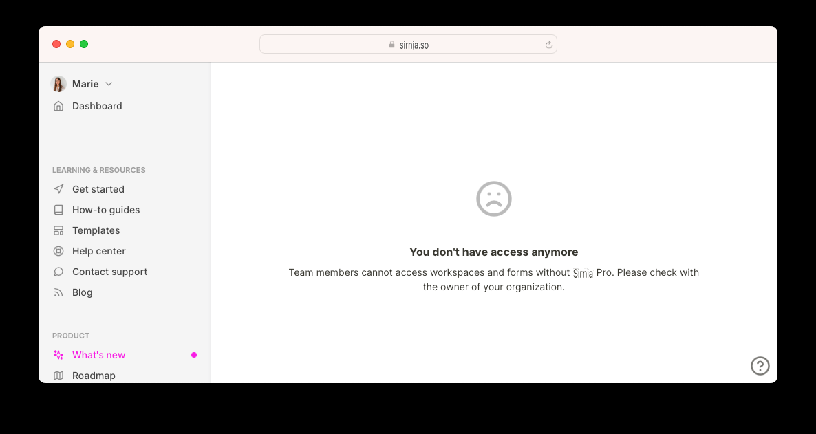 Warning screen showing inaccessible workspaces due to an expired Sirnia Pro plan